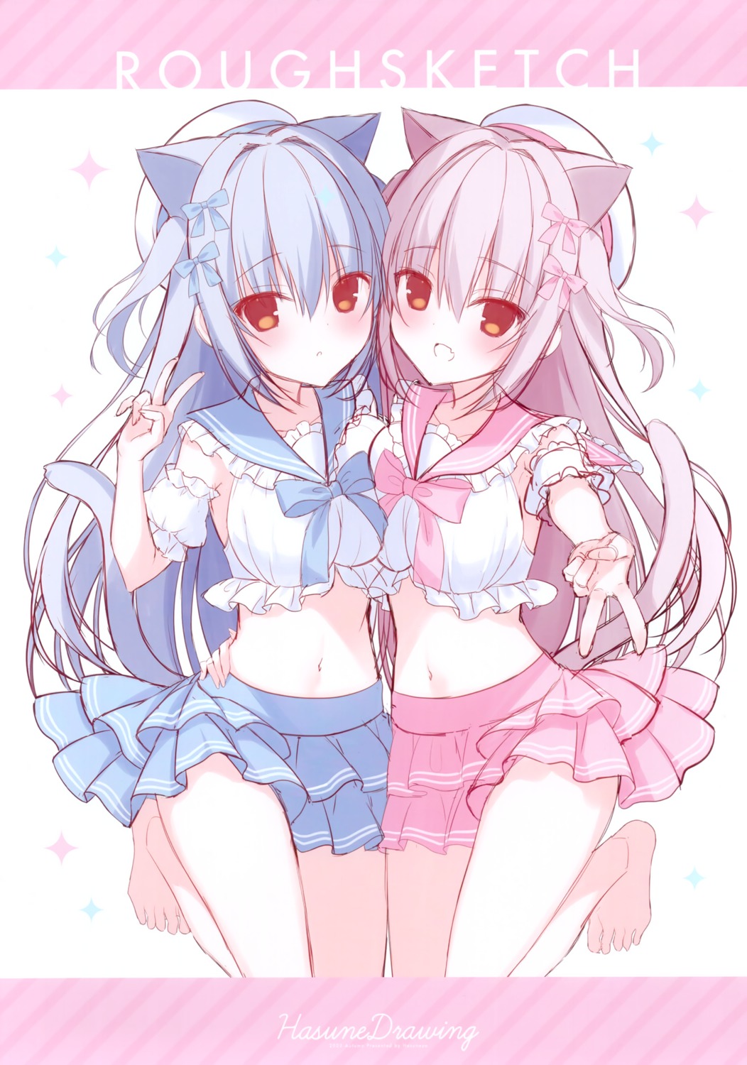 animal_ears, hasune, hasuneya, nekomimi, seifuku, sketch, skirt_lift, symmetrical_docking