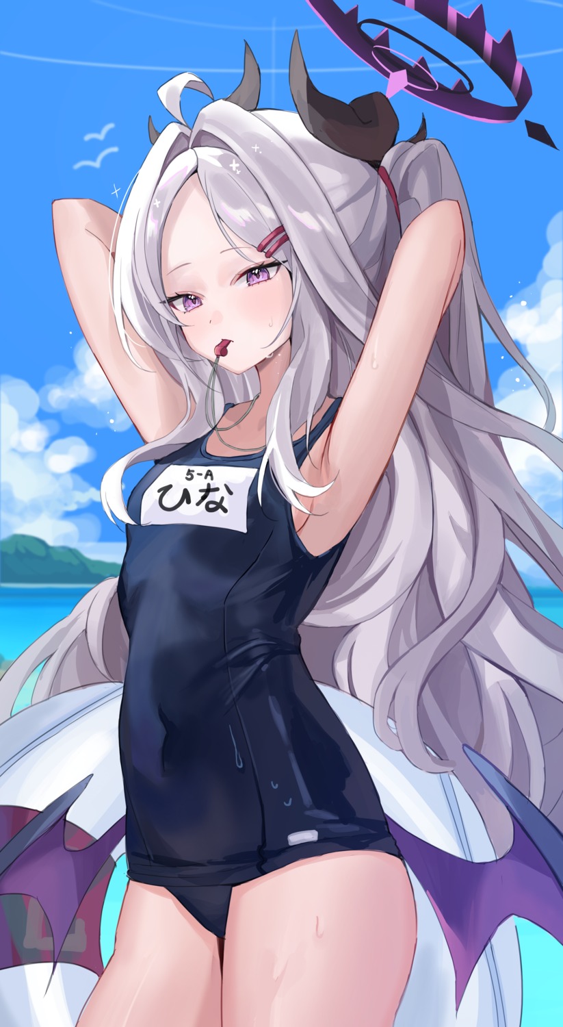 blue_archive, devil, halo, horns, ri_yonn, school_swimsuit, sorasaki_hina, swimsuits