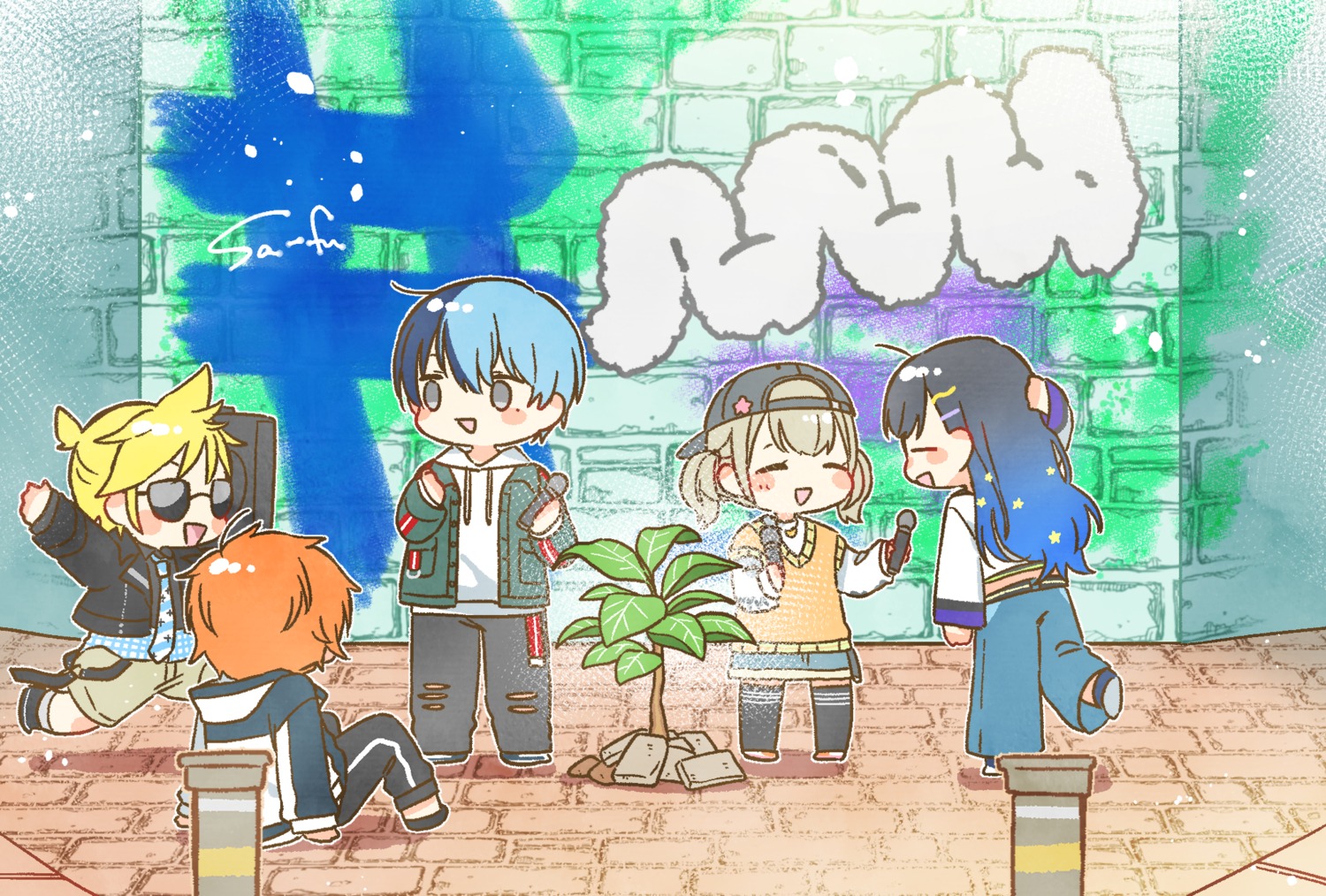 aoyagi_touya, azusawa_kohane, chibi, kagamine_len, megane, project_sekai, sa-fu, shinonome_akito