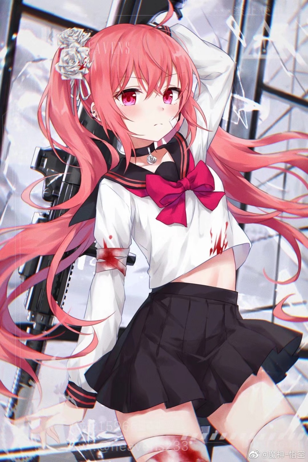 bandages, blood, devil_heavens, gun, official_watermark, seifuku, skirt_lift, thighhighs, watermark