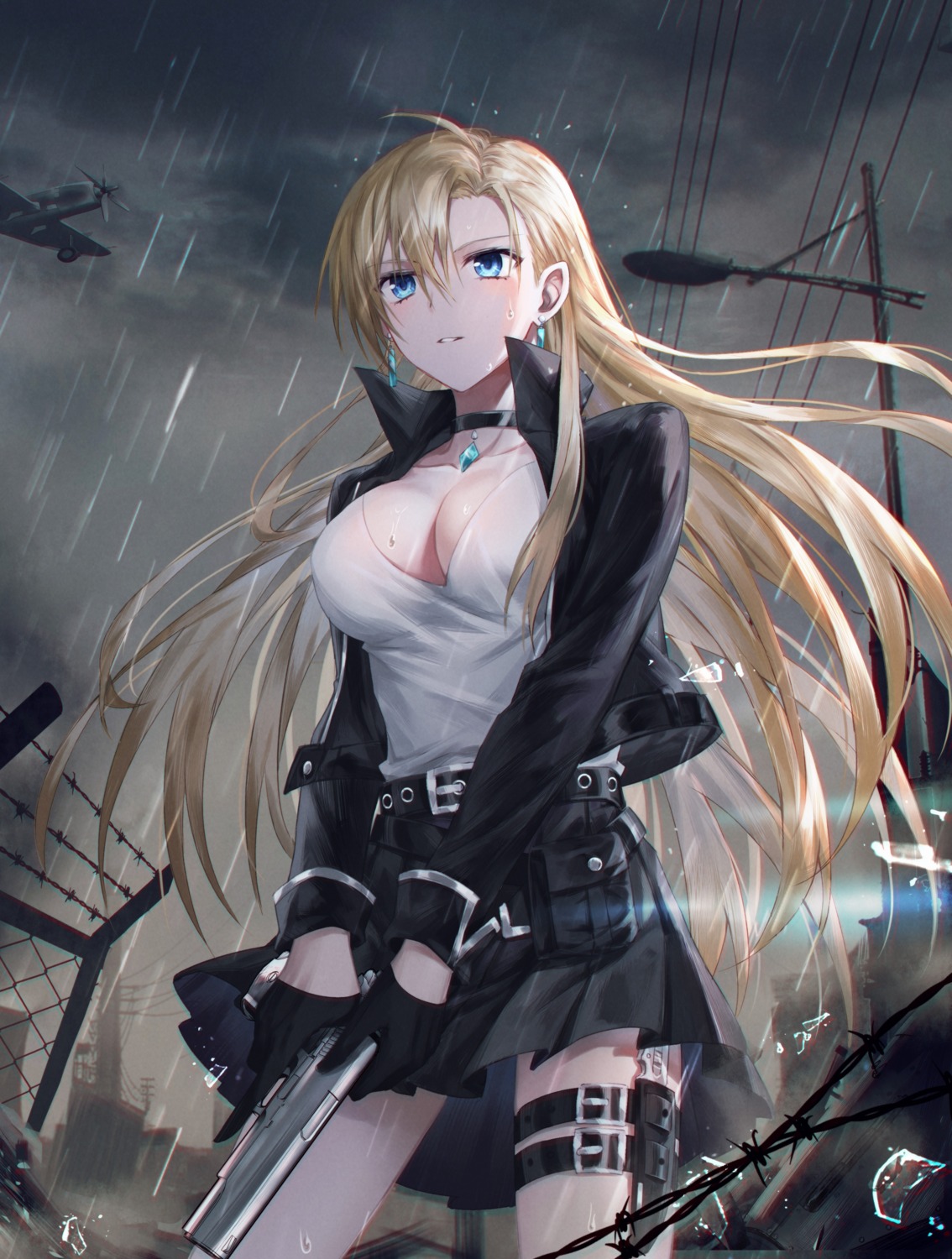 devil_heavens, garter, gun, see_through, skirt_lift, weapon, wet