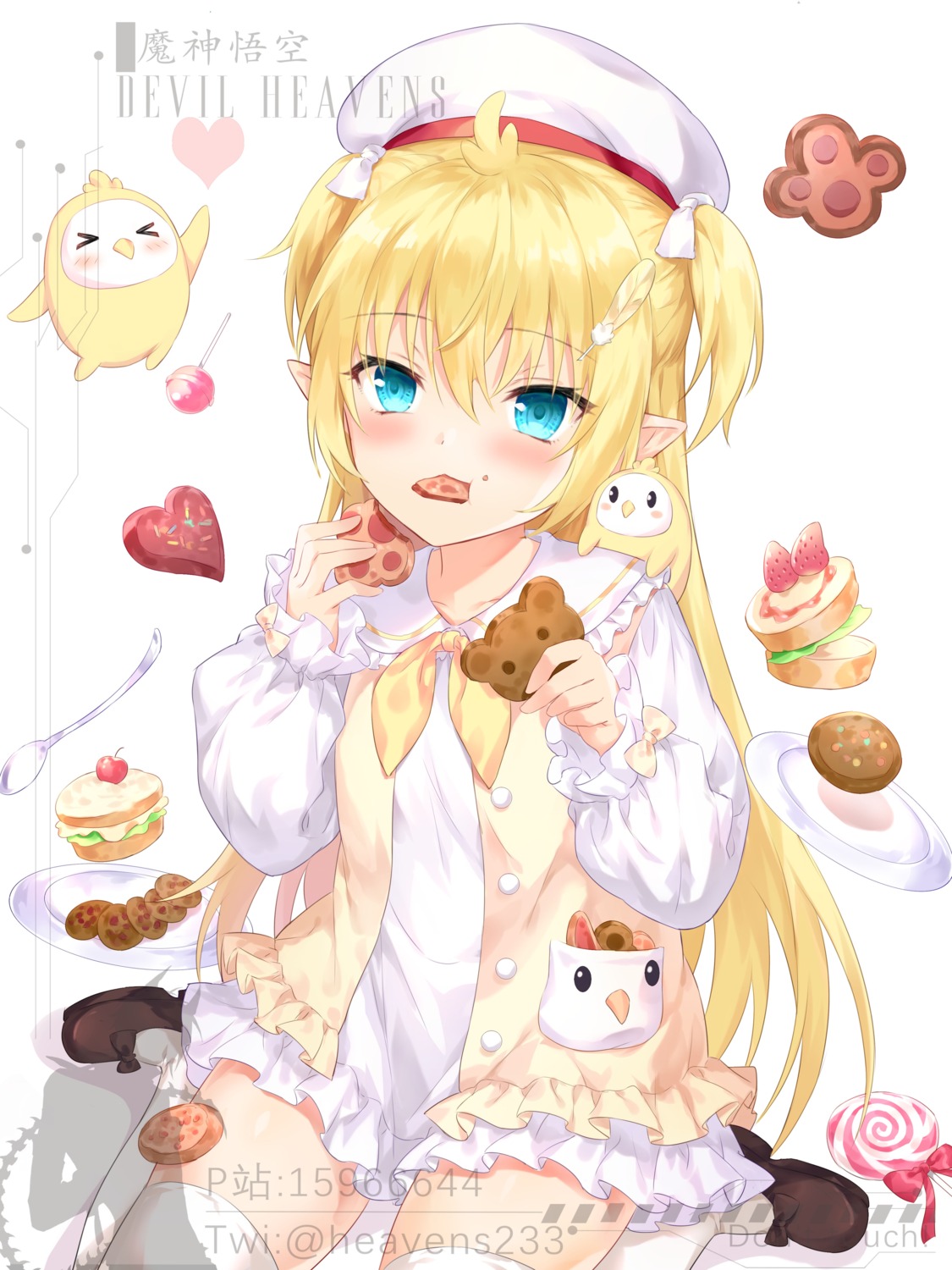 cream, devil_heavens, official_watermark, pointy_ears, seifuku, thighhighs
