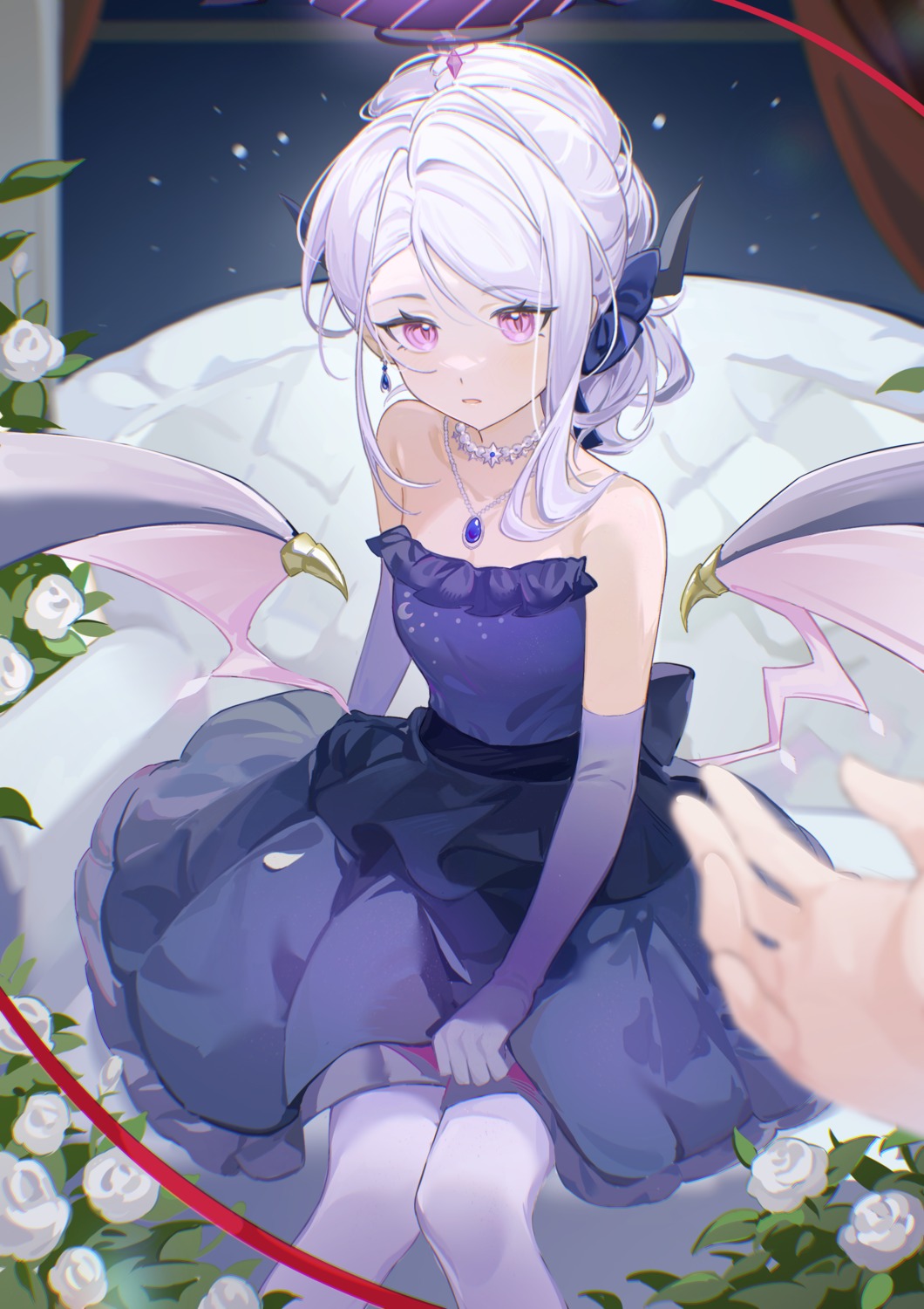 ariko_(aaaaarik), blue_archive, devil, dress, halo, horns, no_bra, sorasaki_hina, wings