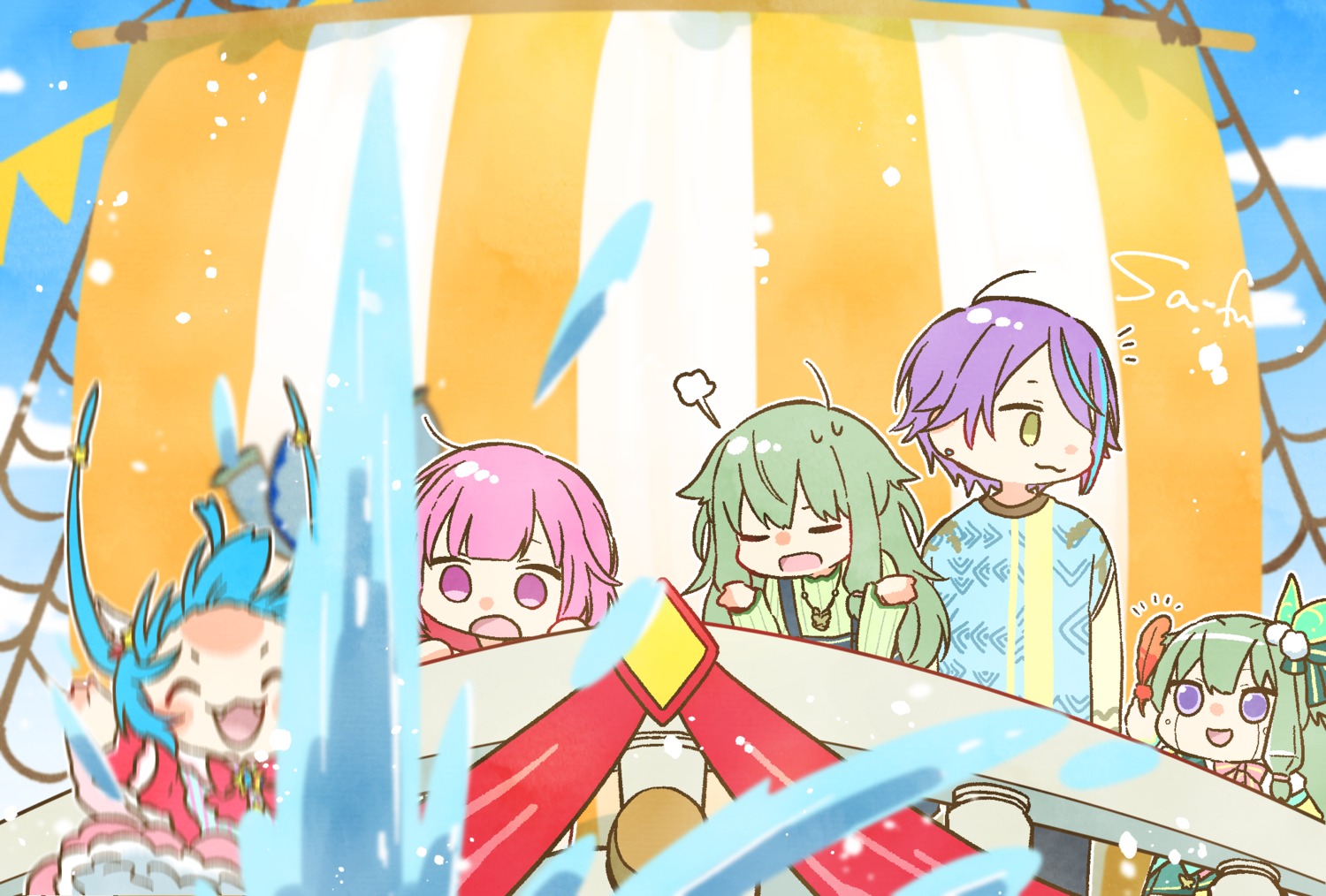 animal_ears, chibi, hatsune_miku, kaito, kamishiro_rui, kusanagi_nene, nekomimi, nene-robo, ootori_emu, project_sekai, sa-fu, sweater, tail, uniform, vocaloid
