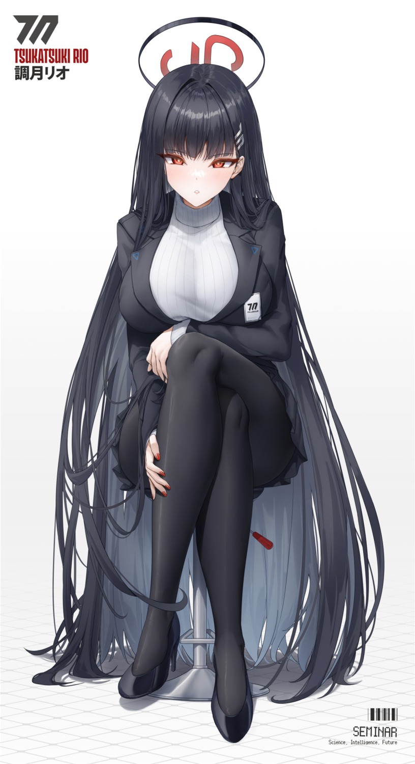 blue_archive, business_suit, halo, heels, pantyhose, skirt_lift, sweater, tsukatsuki_rio, xfate