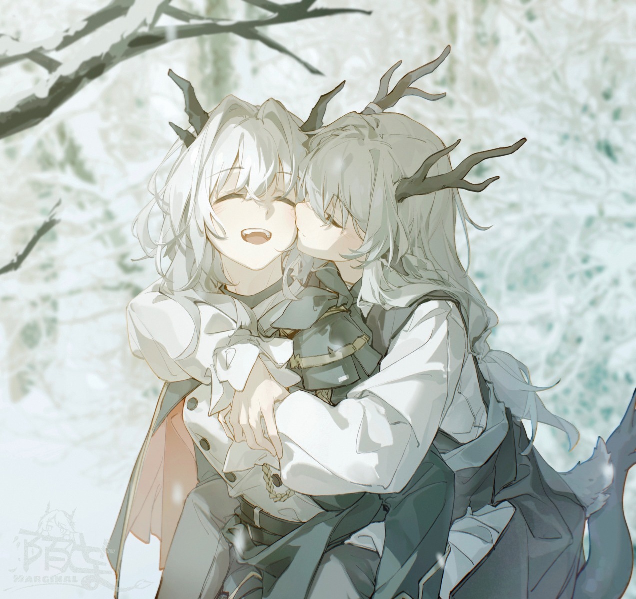 alina_(arknights), arknights, dress, horns, moyu_marginal, tail, talulah_(arknights), yuri