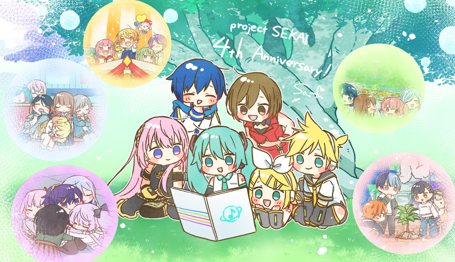 akiyama_mizuki, aoyagi_touya, asahina_mafuyu, azusawa_kohane, chibi, gym_uniform, hanasato_minori, hatsune_miku
