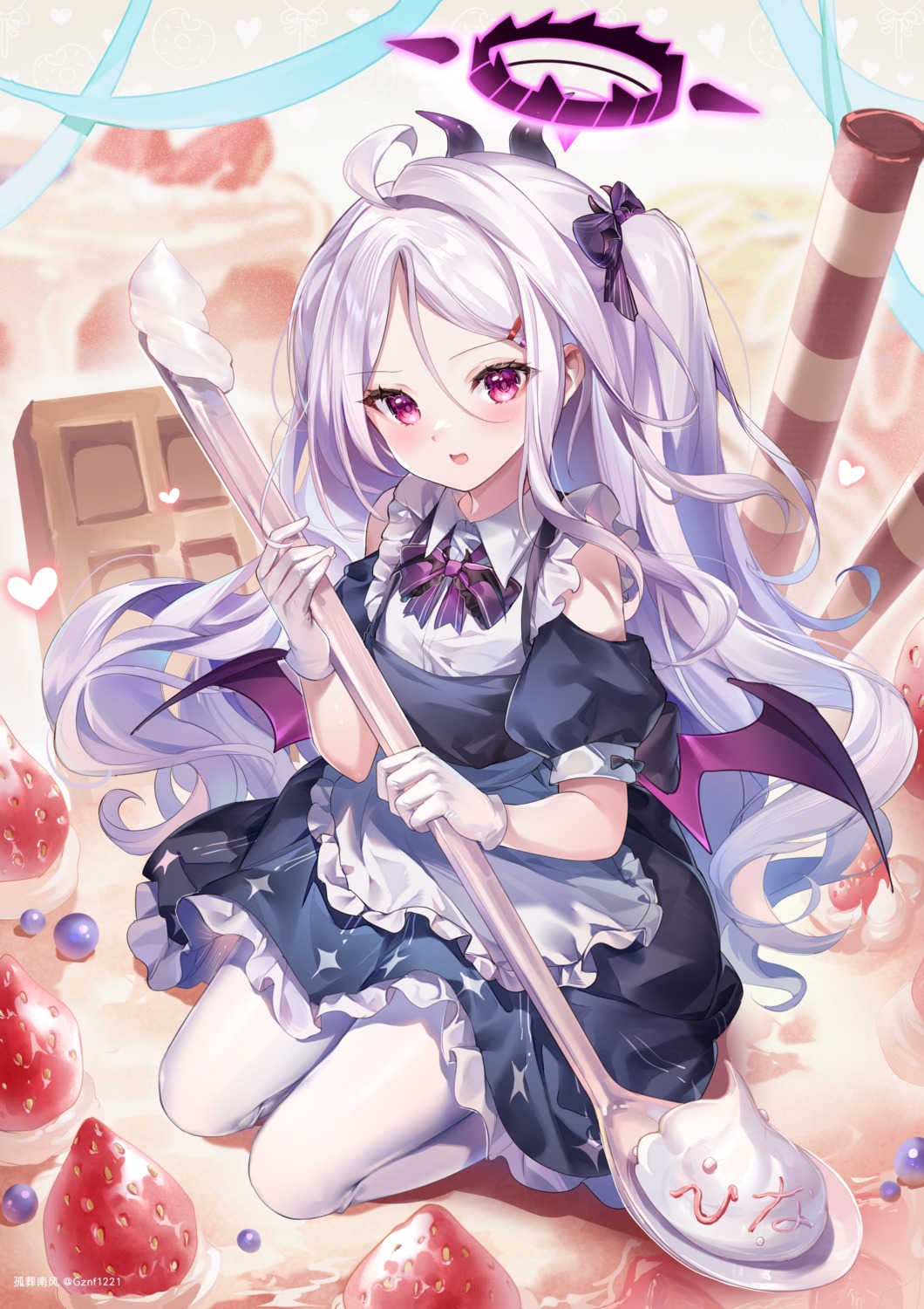 blue_archive, devil, guzangnanfeng, halo, horns, maid, pantyhose, sorasaki_hina