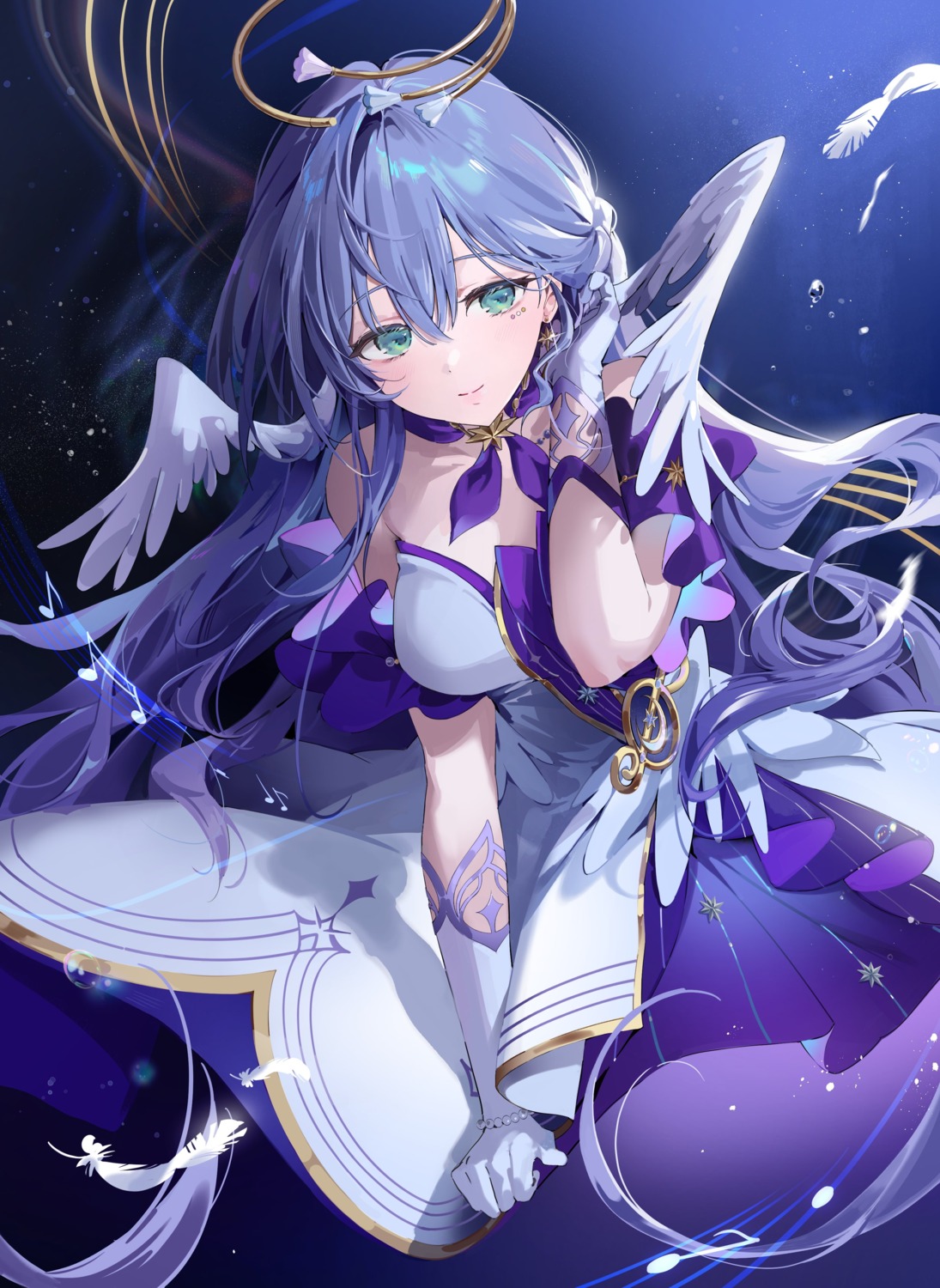 chii_(chiiriring), dress, halo, honkai:_star_rail, no_bra, robin, skirt_lift, wings