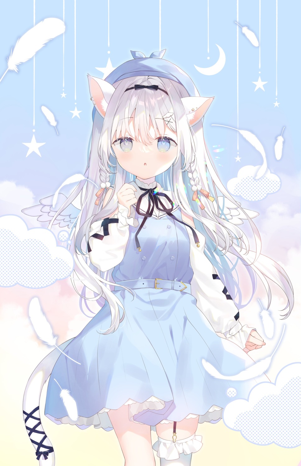 animal_ears, heterochromia, indie_virtual_youtuber, nekomimi, seifuku, sorashi_purumu, stockings, tail, thighhighs, wings, yuizaki_kazuya
