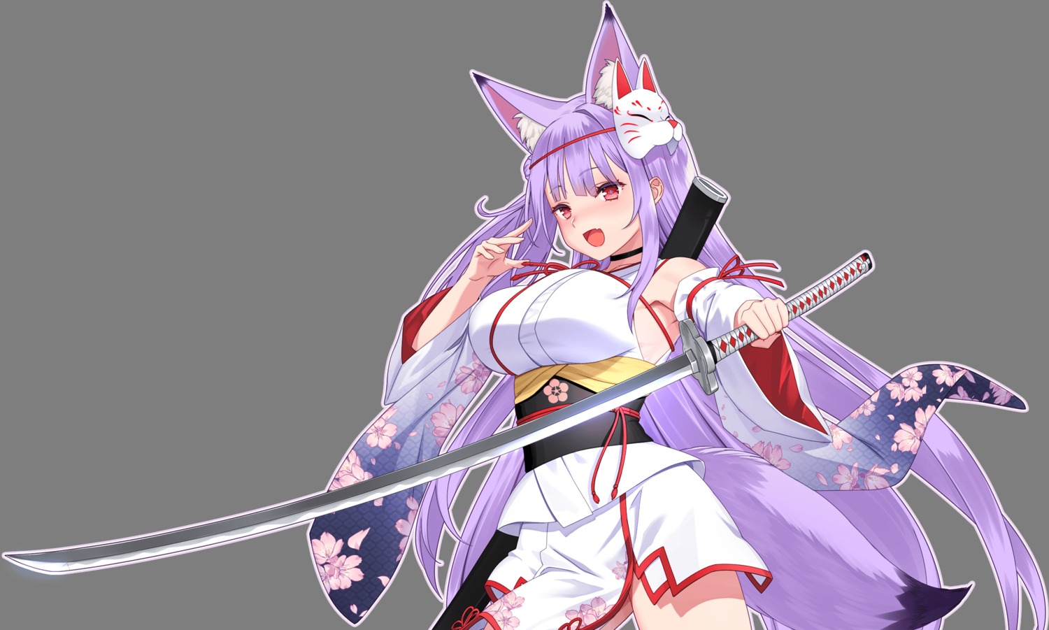 animal_ears, cyberstep, indie_virtual_youtuber, japanese_clothes, kamishiro_natsume, kitsune, sword, tail, transparent_png, yasuyuki