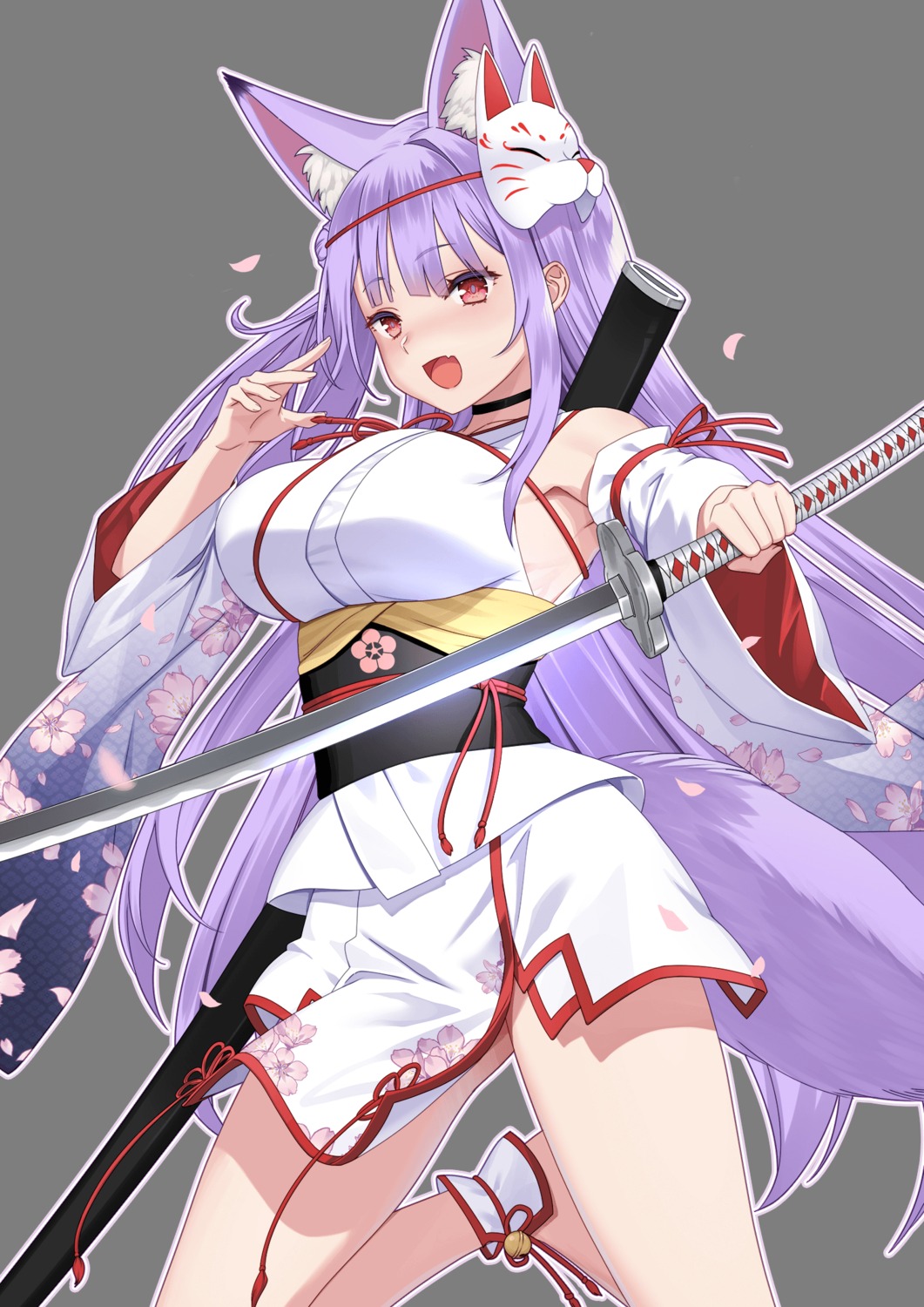 animal_ears, cyberstep, indie_virtual_youtuber, japanese_clothes, kamishiro_natsume, kitsune, sword, tail, transparent_png, yasuyuki