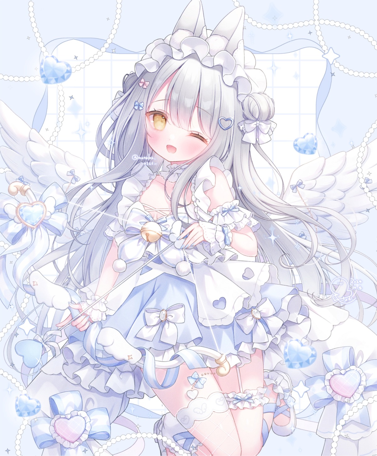 animal_ears, fishnets, garter, omochi_monaka, thighhighs, weapon, wings