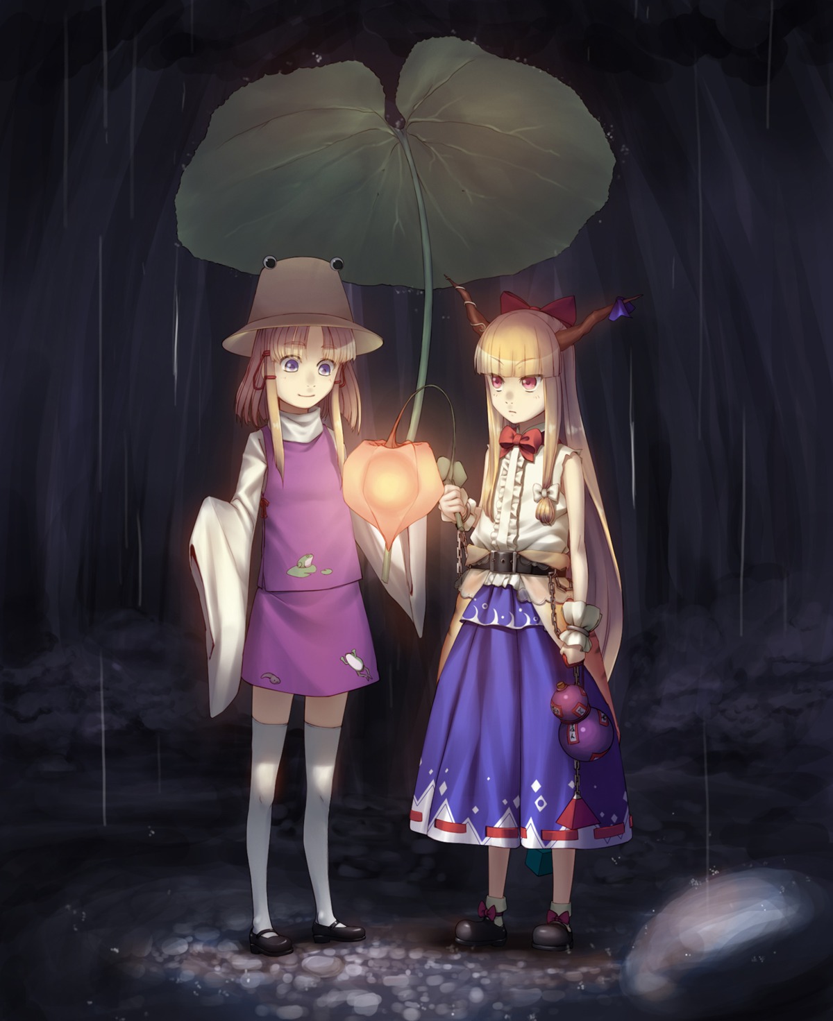 gahaku, horns, ibuki_suika, moriya_suwako, thighhighs, touhou