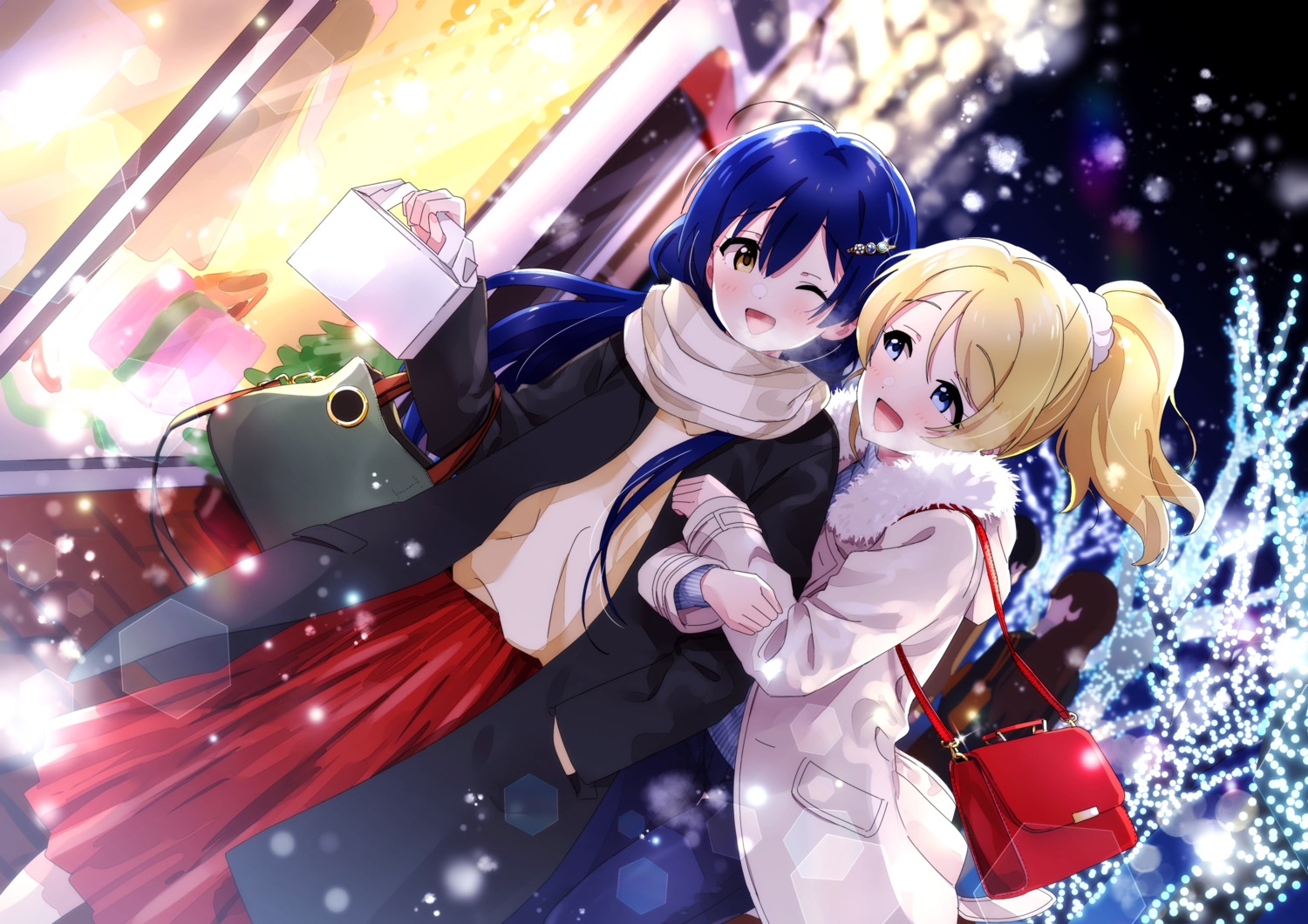 ayase_eli, christmas, love_live!, love_live!_(series), nanatsu_no_umi, sonoda_umi, sweater, yuri