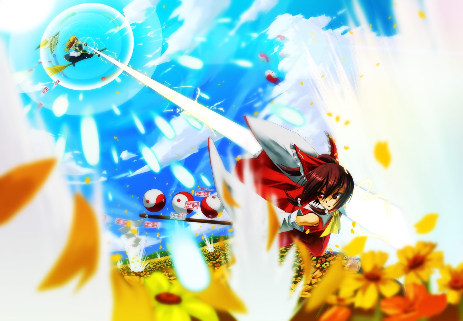 din, hakurei_reimu, kirisame_marisa, landscape, miko, touhou