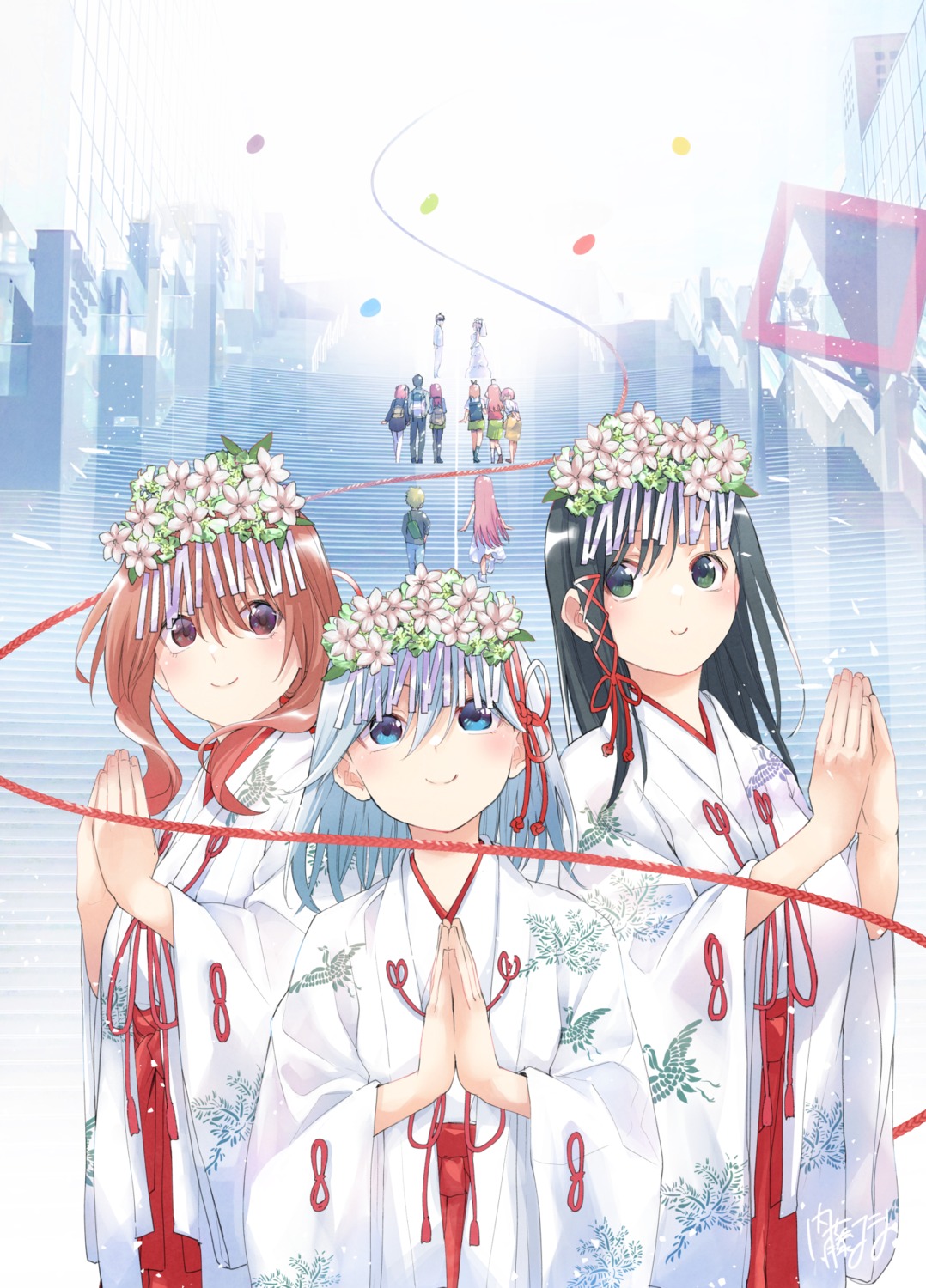 5-toubun_no_hanayome, amagami-san_chi_no_enmusubi, amagami_asahi, amagami_yae, amagami_yuna, crossover, dress, miko, naitou_marcey, nakano_ichika, nakano_itsuki, nakano_miku, nakano_nino, nakano_yotsuba, pantyhose, seifuku, summer_dress, sweater, uesugi_fuutarou, wedding_dress