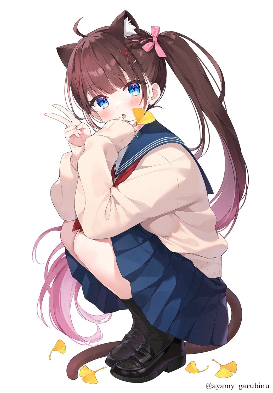 animal_ears, ayamy, miyawaki_sana, nekomimi, seifuku, skirt_lift, sweater, tail