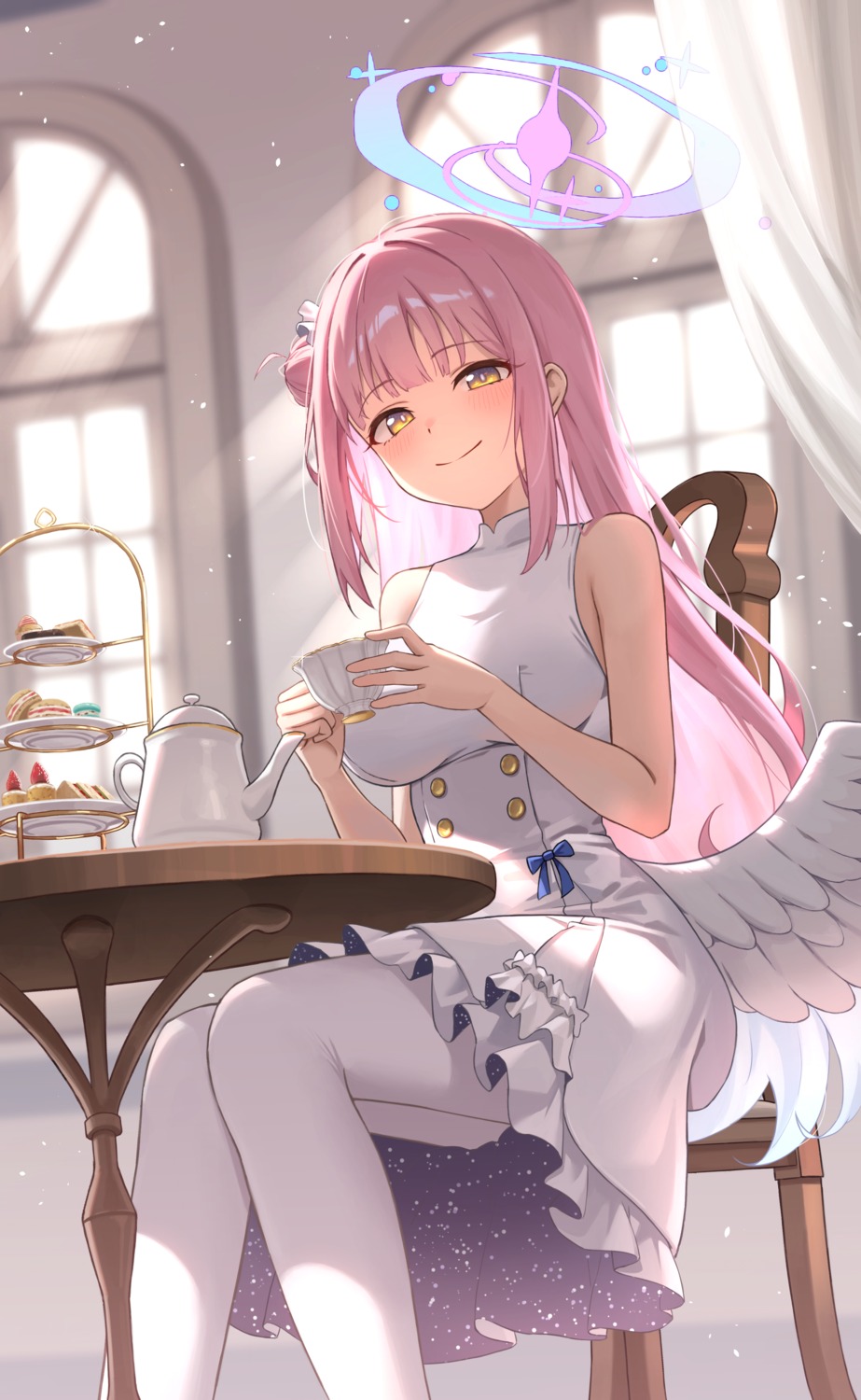 angel, blue_archive, dress, misono_mika, no_bra, pantyhose, skirt_lift, wings, yj
