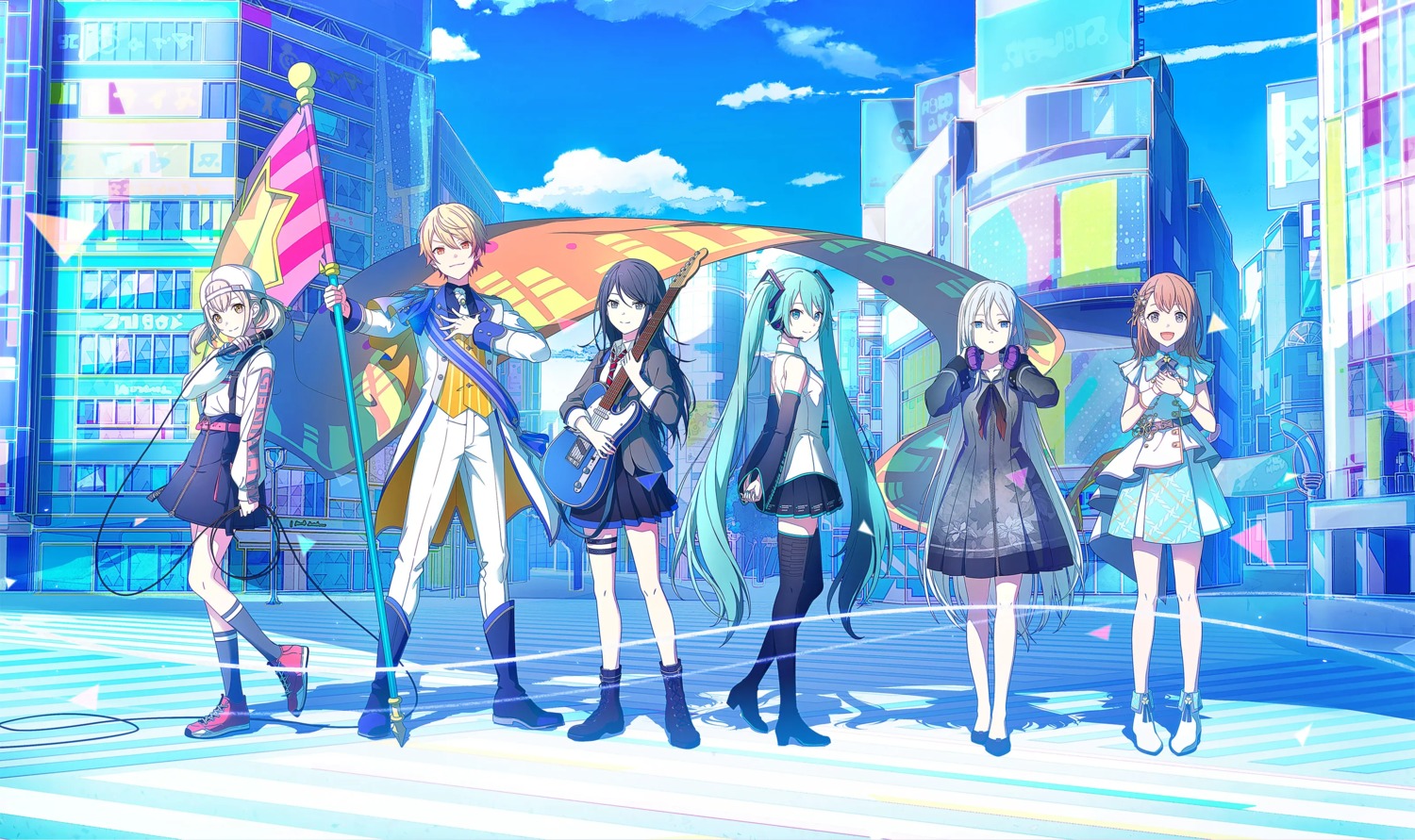 azusawa_kohane, garter, guitar, hanasato_minori, hatsune_miku, headphones, heels, hoshino_ichika_(project_sekai)