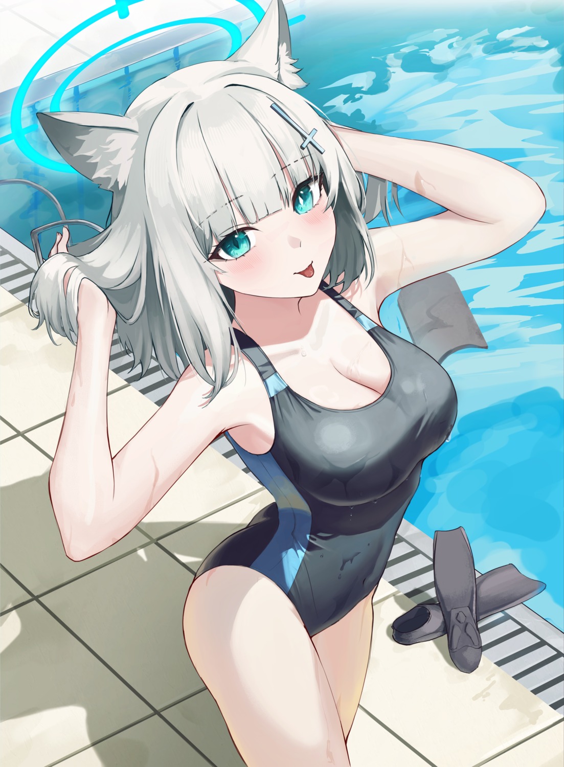 animal_ears, blue_archive, halo, nekomimi, skell.b, sunaookami_shiroko, swimsuits