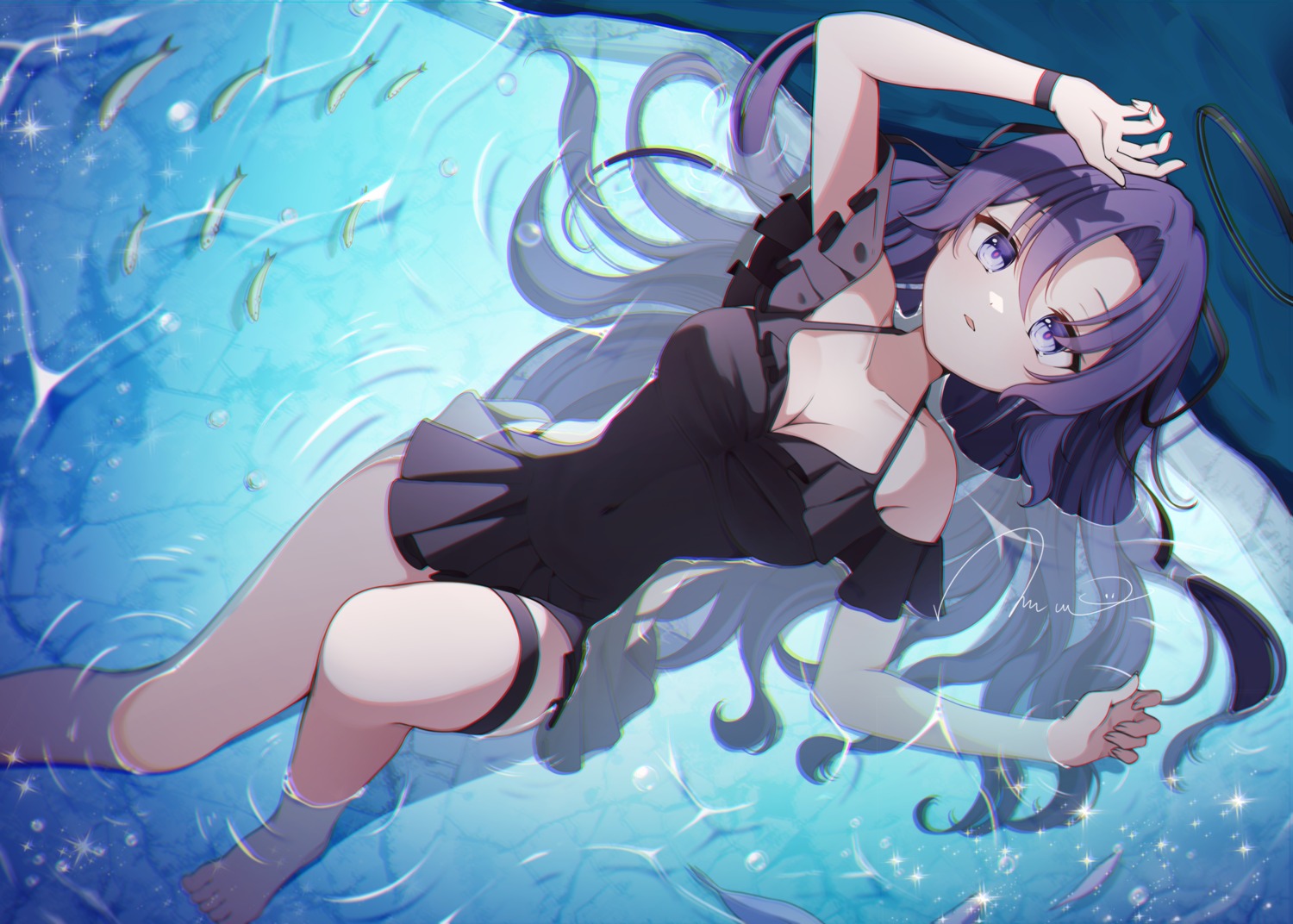 blue_archive, cleavage, garter, gyeou_lee, halo, hayase_yuuka, swimsuits, wet