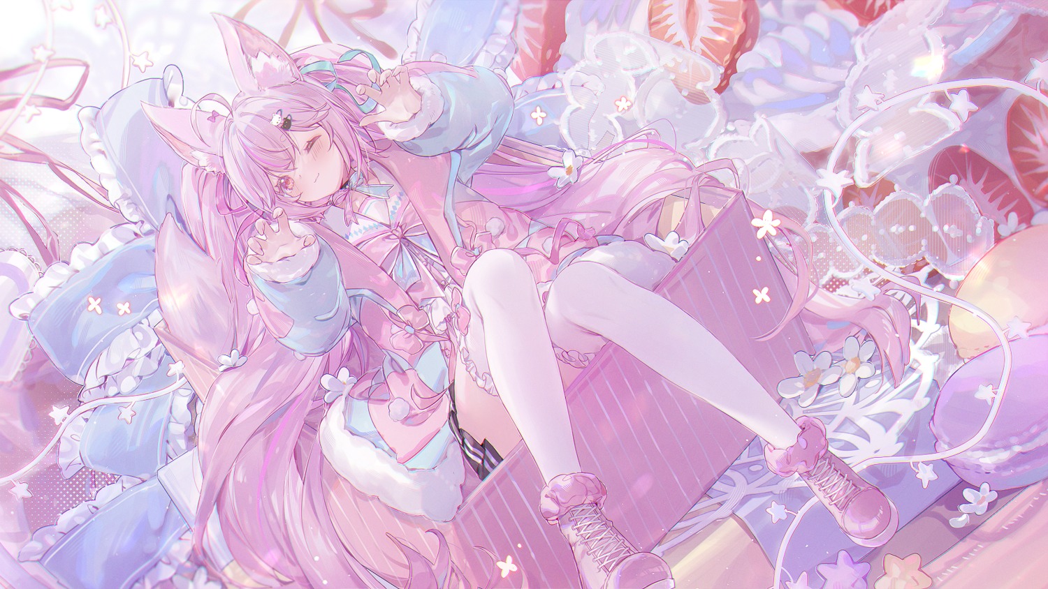 animal_ears, kitsune, seifuku, skirt_lift, tail, thighhighs, umehara_sei