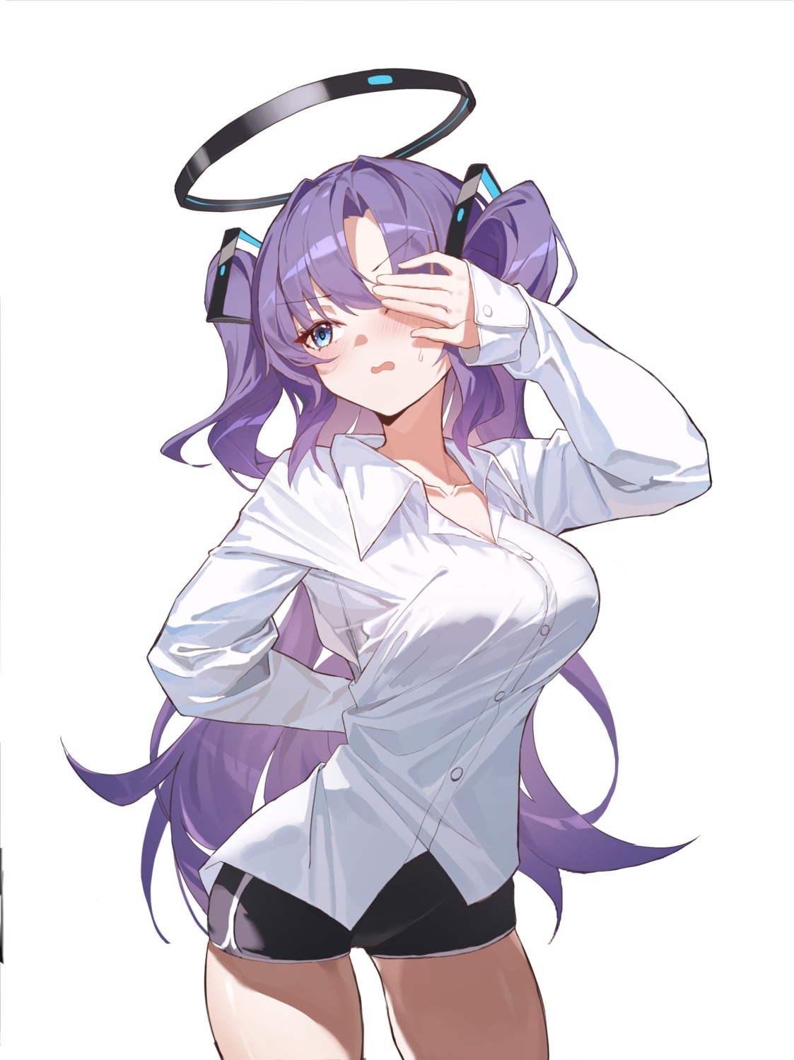 blue_archive, cleavage, dress_shirt, halo, hayase_yuuka, lipton_(user_nfaw4242)