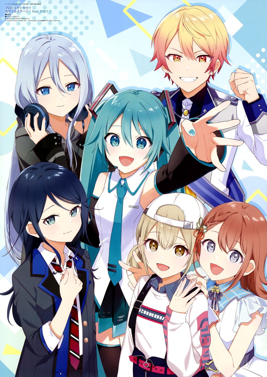 azusawa_kohane, hanasato_minori, hatsune_miku, headphones, hoshino_ichika_(project_sekai), omutatsu, project_sekai, seifuku