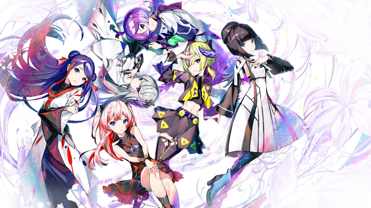 dress, garasumiya, heels, hinageshi_(shoujo_kakumei_keikaku), horns, japanese_clothes, kakyouin, mikoto_(shoujo_kakumei_keikaku), orihime, shoujo_kakumei_keikaku, skirt_lift, tagme, thighhighs, wallpaper, yuunagi_(shoujo_kakumei_keikaku)