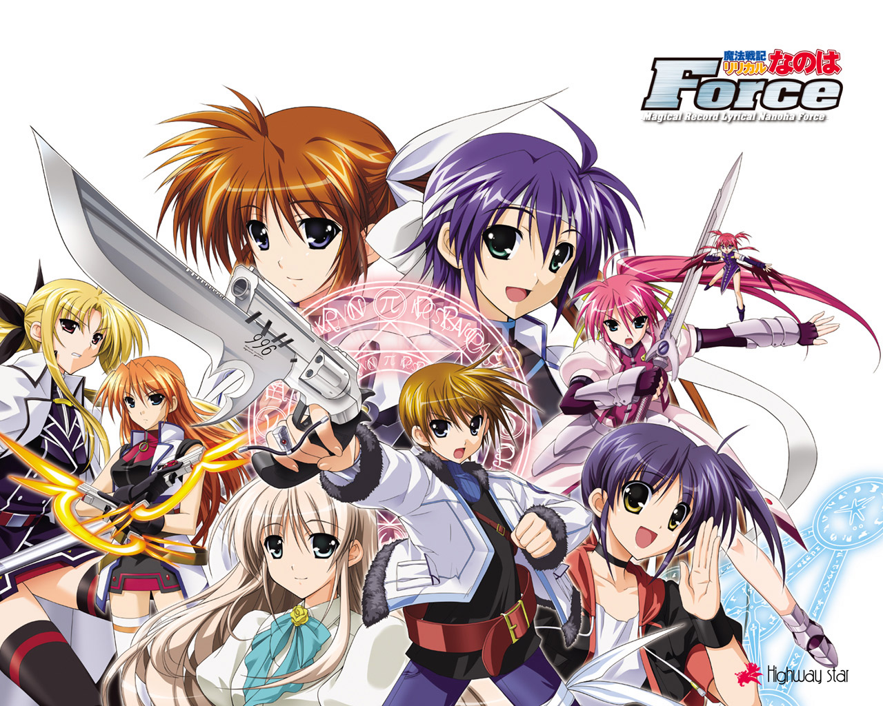 agito, fate_testarossa, gun, higa_yukari, isis_eaglet, jpeg_artifacts, lily_strosek, mahou_senki_lyrical_nanoha_force