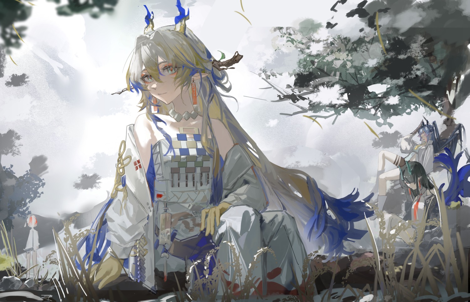 arknights, dusk_(arknights), enddie1060_(tyasakura), horns, ling_(arknights), pointy_ears, shu_(arknights)