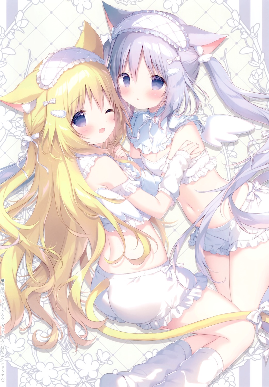 animal_ears, ass, bloomers, cleavage, cornet_(shiratama), lingerie, nekomimi, shiratama, shiratamaco, tail, tsurara_(shiratama), wings