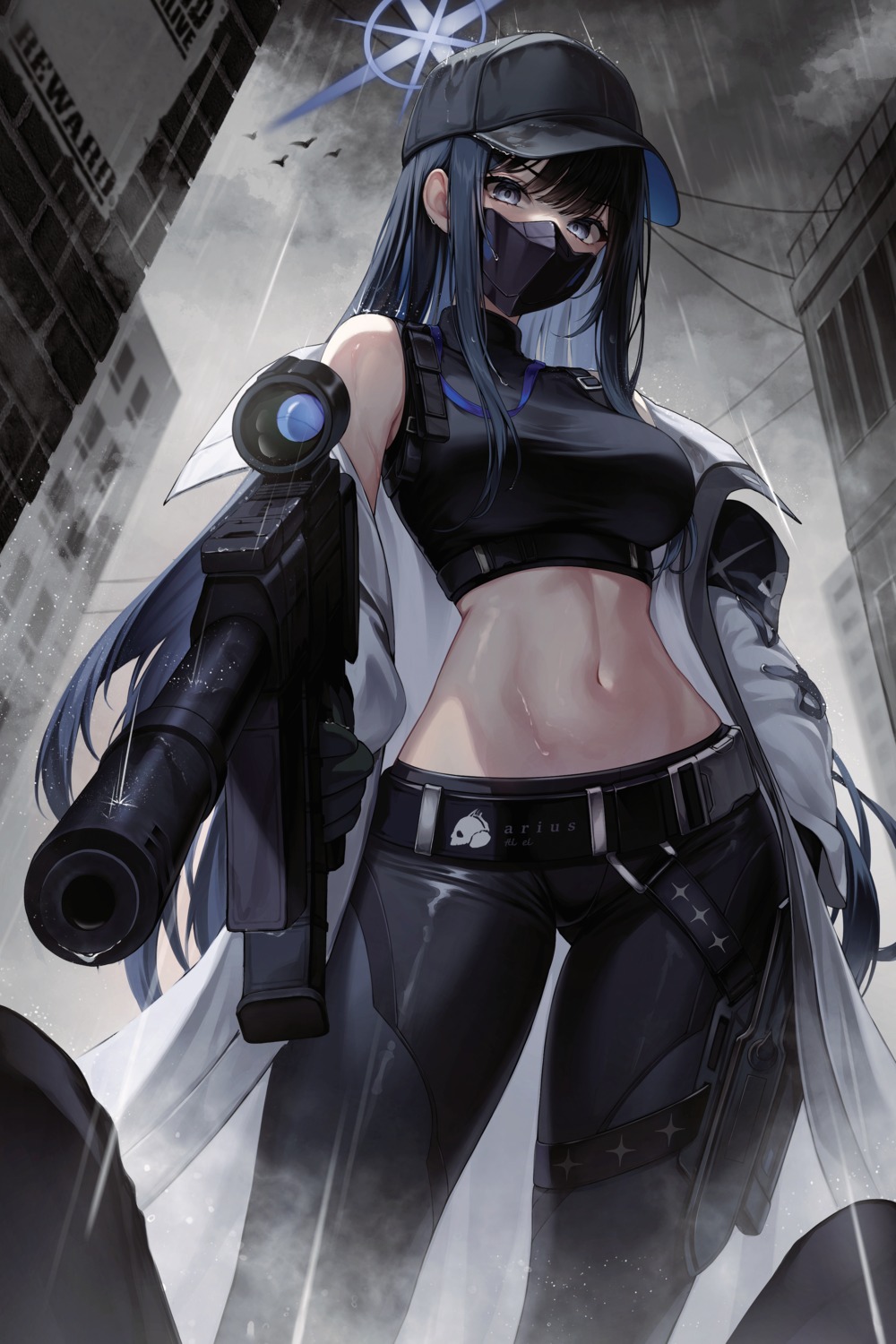 artist_revision, blue_archive, garter, gun, halo, joumae_saori, kuca_(ku_ca18), wet