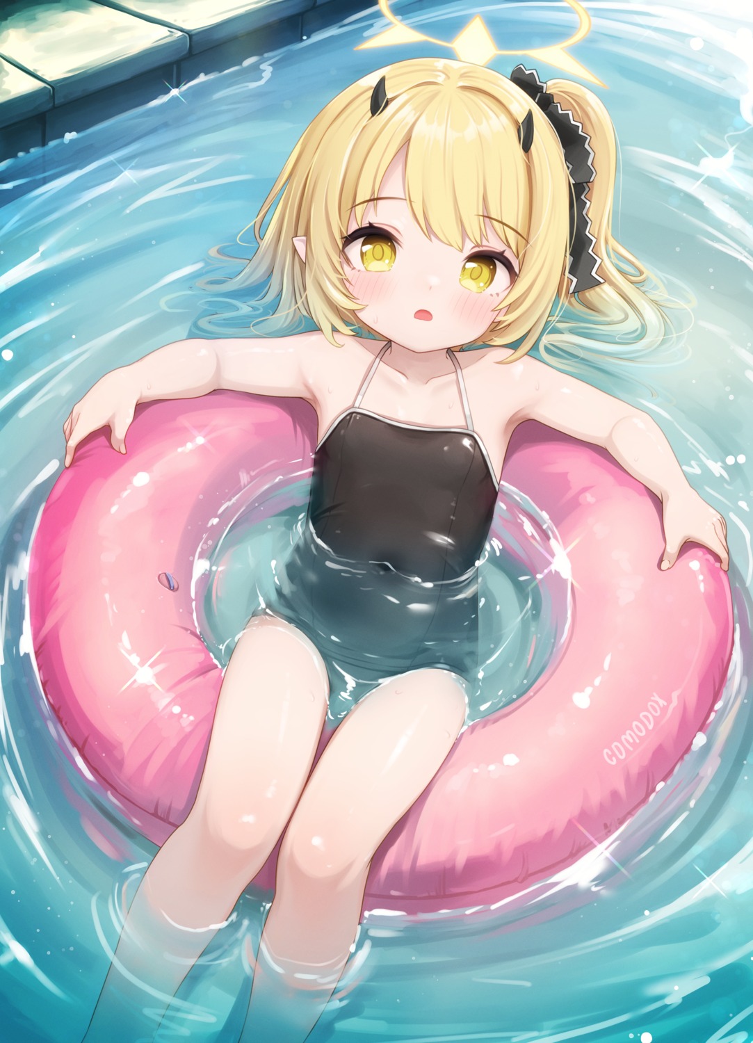 blue_archive, comodomodo, halo, horns, pointy_ears, school_swimsuit, swimsuits, tanga_ibuki