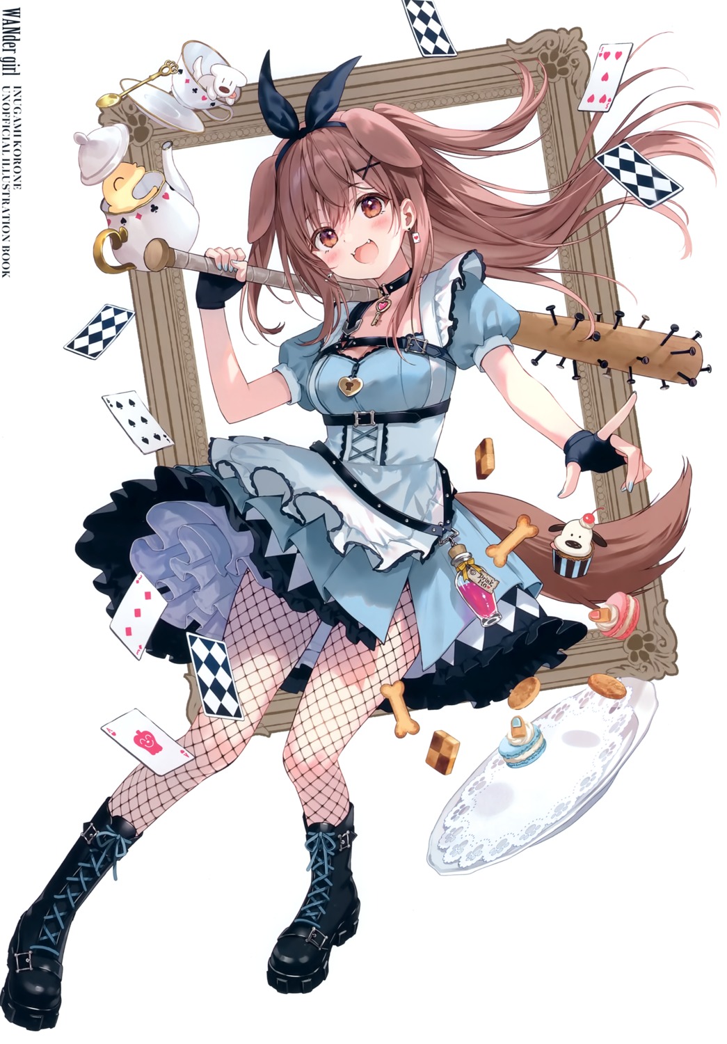 alice, alice_in_wonderland, animal_ears, cosplay, fishnets, fukahire, hololive, hololive_gamers, inugami_korone, inumimi, pantyhose, ruinon, skirt_lift, tail, weapon
