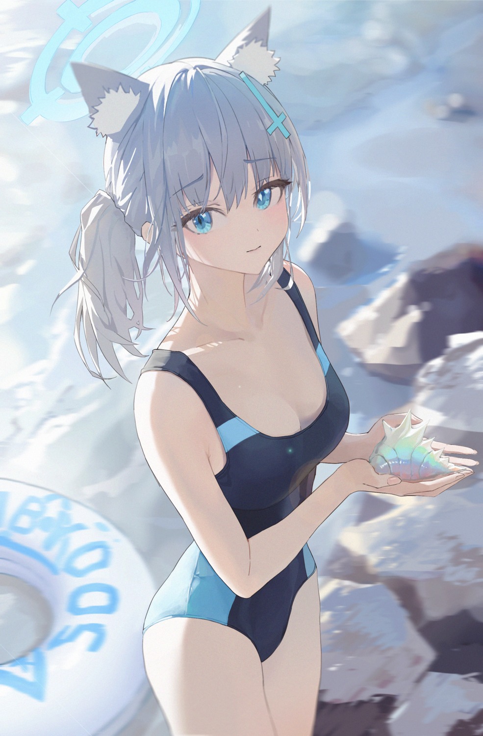 0dd, animal_ears, blue_archive, halo, nekomimi, sunaookami_shiroko, swimsuits