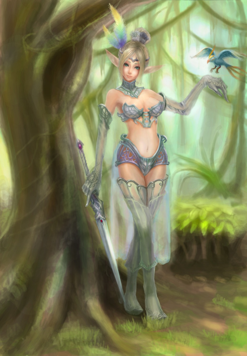 armor, cherokee, cleavage, elf, lineage, pointy_ears, sword, thighhighs