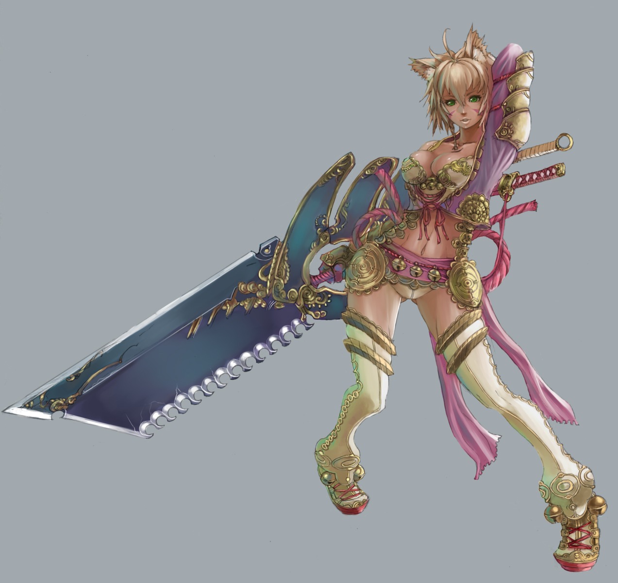 animal_ears, armor, cherokee, cleavage, sword, thighhighs