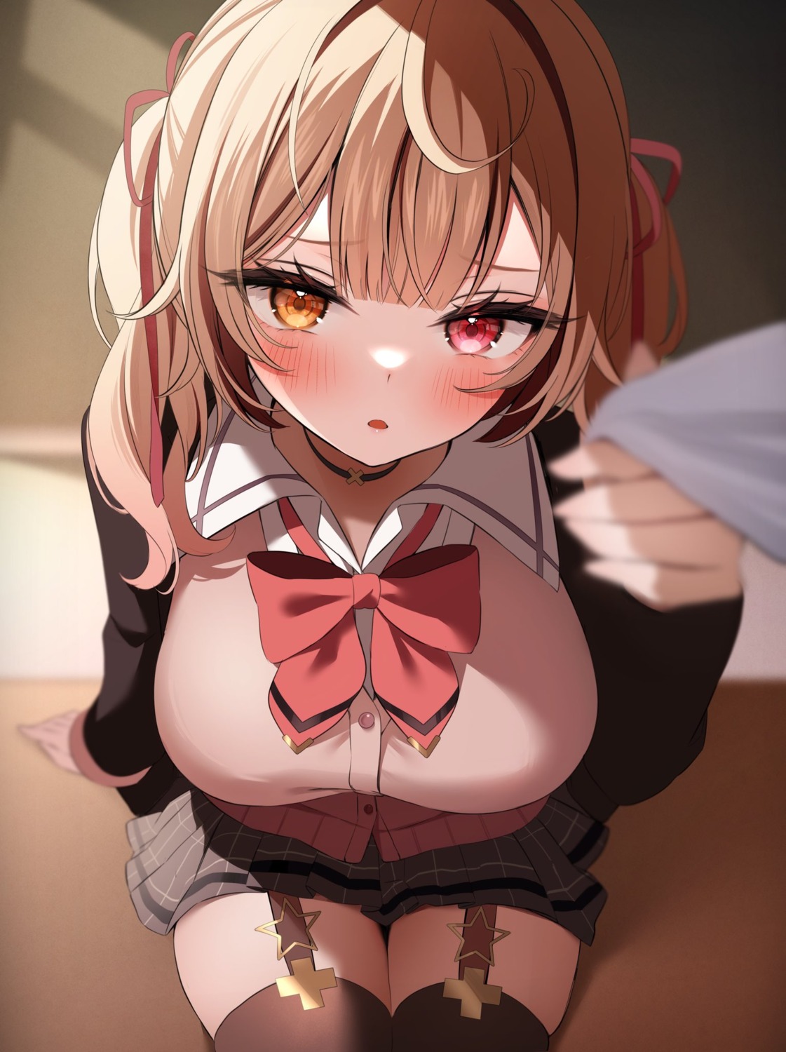 heterochromia, hoshikawa_sara, nijisanji, rukawa_negi, seifuku, stockings, sweater, thighhighs