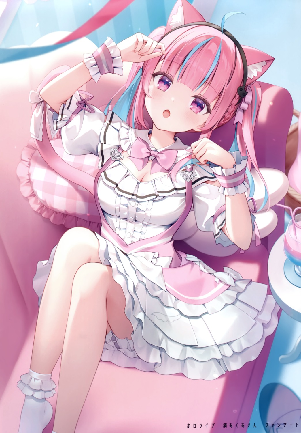 animal_ears, cleavage, dress, hololive, minato_aqua, momoshiki_tsubaki, nekomimi, pitsche, skirt_lift, tail, wings