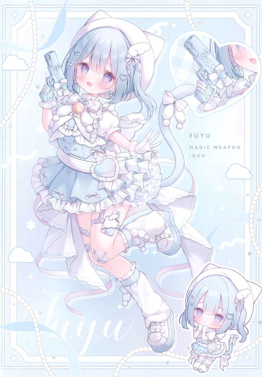 animal_ears, bandaid, chibi, dress, garter, gun, mersugar, nekomimi