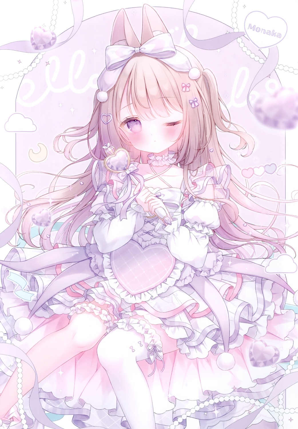 animal_ears, bunny_ears, dress, garter, mersugar, omochi_monaka, see_through, thighhighs