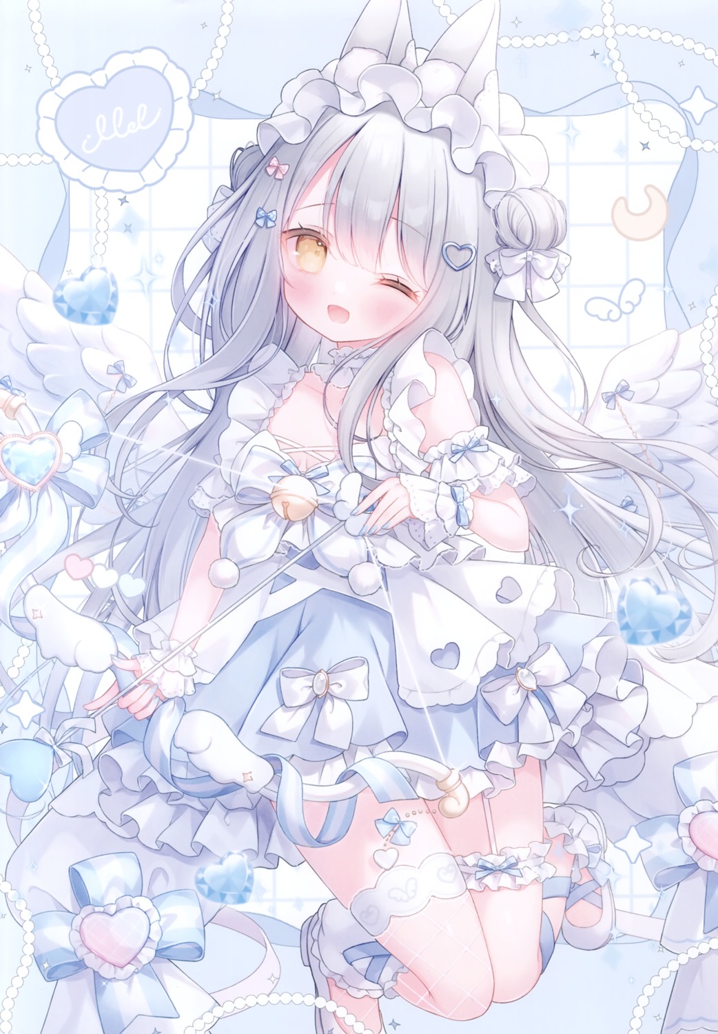 animal_ears, bunny_ears, dress, fishnets, garter, mersugar, omochi_monaka, thighhighs