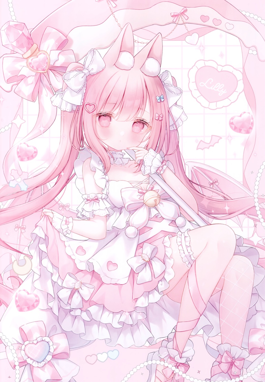 animal_ears, bunny_ears, dress, fishnets, garter, mersugar, omochi_monaka, skirt_lift