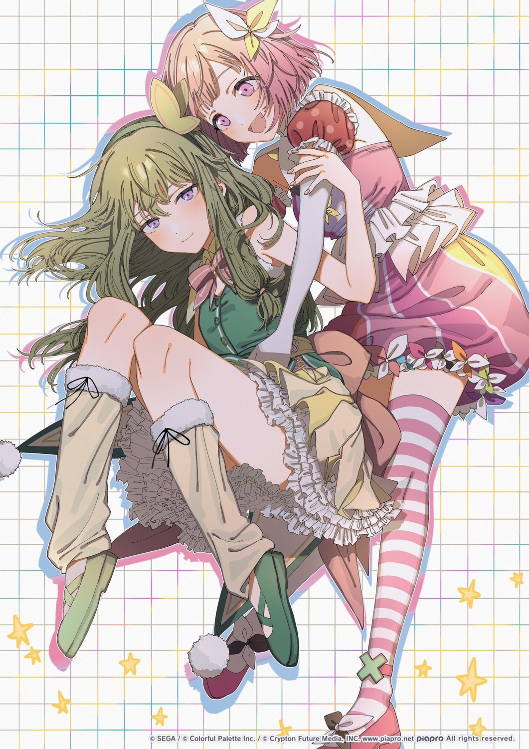 iwawa, kusanagi_nene, ootori_emu, project_sekai, sega, skirt_lift, thighhighs, uniform