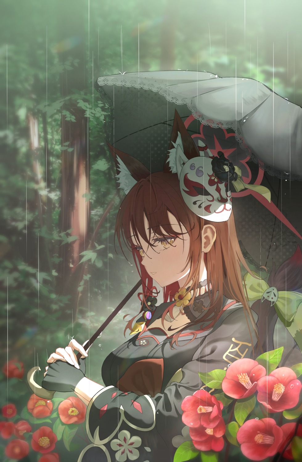 animal_ears, azipou, blue_archive, halo, japanese_clothes, kitsune, kosaka_wakamo, seifuku, tail, umbrella, wet