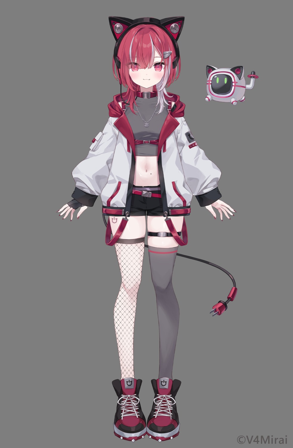 animal_ears, fishnets, garter, headphones, hoshi, lyko_lianna, nekomimi, tail, tattoo, thighhighs, transparent_png, v4mirai