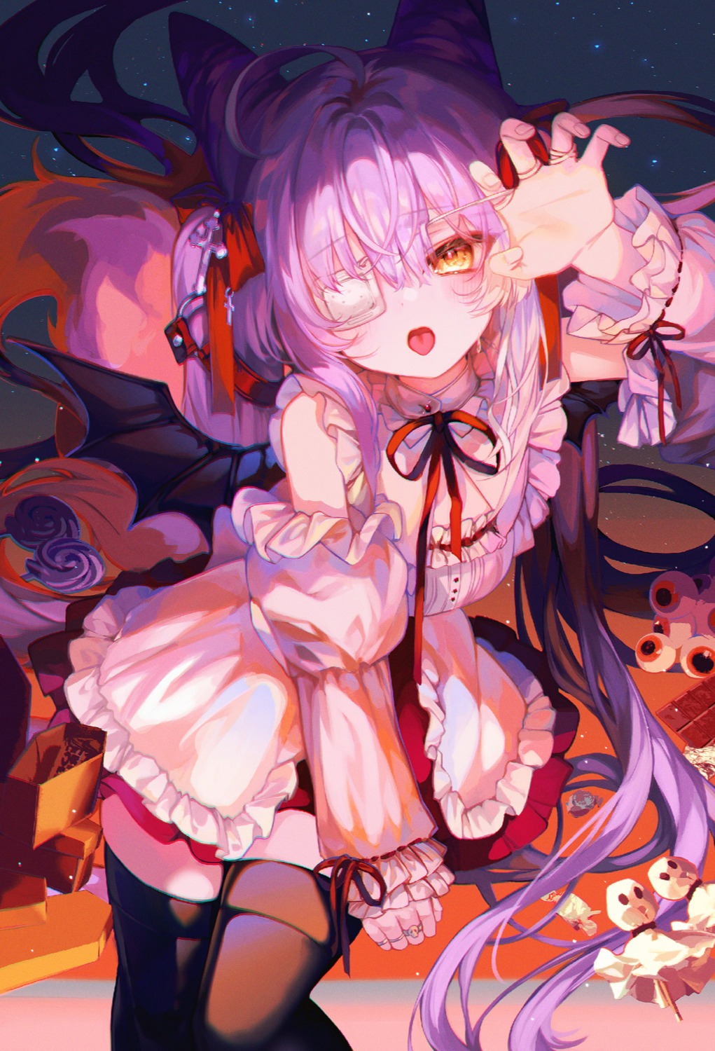 animal_ears, eyepatch, karou_(lhscck302), stellive, tail, tenko_shibuki, thighhighs, wings