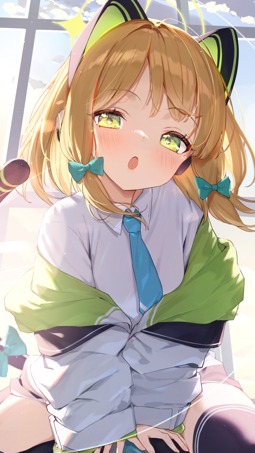 animal_ears, blue_archive, halo, headphones, nekomimi, saboten_mushi, saiba_midori, seifuku